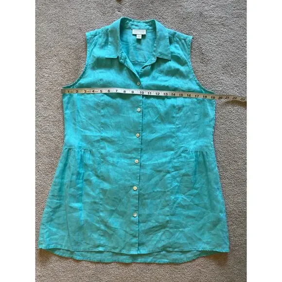 J.Jill Love Linen Button Up Sleeveless Blouse Size XS Aqua Tunic Lagenlook Linen - Picture 6 of 7